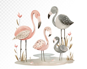 Watercolor Flamingos Group in Pond Vector Illustration for Nature Themes in Soft Colors for Nursery Decor and Wildlife Art Prints
