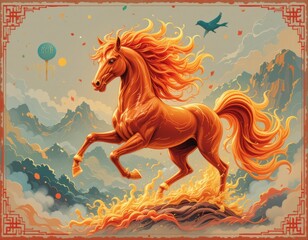 A bright stylized horse with a fiery mane and tail shows dynamics and energy, dancing over golden shapes. Pastel mountains and clouds create an atmosphere of oriental culture