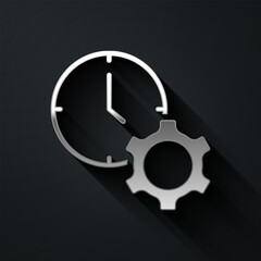 Silver Time management icon isolated on black background. Clock and gear sign. Productivity symbol. Long shadow style. Vector