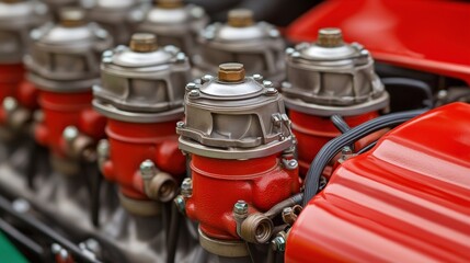 Close-up view of a classic red car engine with multiple carburetors and metallic components, showcasing vintage automotive engineering details.