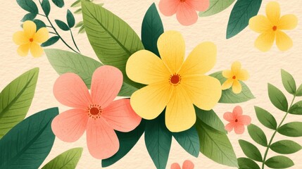 Vibrant Floral Pattern with Yellow and Pink Flowers on Leafy Background