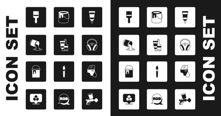 Set Tube with paint palette, and brush, Paint bucket, Gas mask, Car painting and icon. Vector