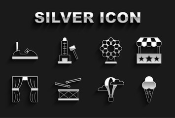 Set Drum with drum sticks, Ticket box office, Ice cream in waffle cone, Hot air balloon, Circus curtain raises, Ferris wheel, Bumper car and Striker attraction hammer icon. Vector