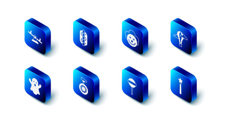 Set Hotdog sandwich, Clown head, air balloon, Magic wand, Lollipop, Unicycle or one wheel bicycle, Ghost and Seesaw icon. Vector © Kostiantyn