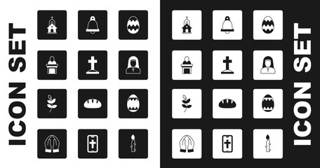 Set Easter egg, Grave with cross, Church pastor preaching, building, Nun, bell, and Willow leaf icon. Vector