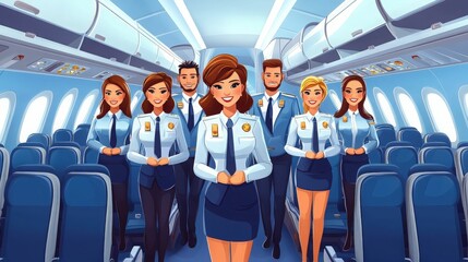Cheerful flight attendants inside an airplane cabin, ready for passenger service and safety protocols