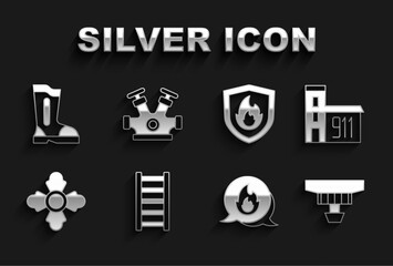 Set Fire escape, Building of fire station, Smoke alarm system, Emergency call, Firefighter, protection shield, boots and hydrant icon. Vector