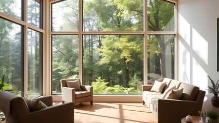 Luxurious modern hotel dining room with elegant wooden furniture large window and ambient lighting