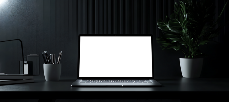 Clean Corporate Office Setting Featuring Laptop with Transparent PNG Screen on Desk with Space Reserved for Promotional Content or Personalized Branding