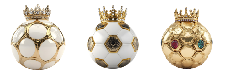 Gold soccer balls with royal crowns design on transparent background