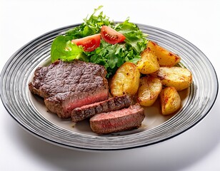 a plate with steak potatoes and salad on a white background