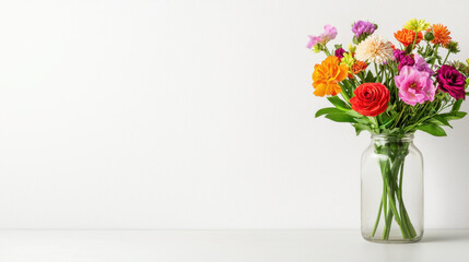 Fototapeta premium Vibrant bouquet of colorful flowers glass vase, showcasing variety of blooms against clean, white background. arrangement brings cheerful