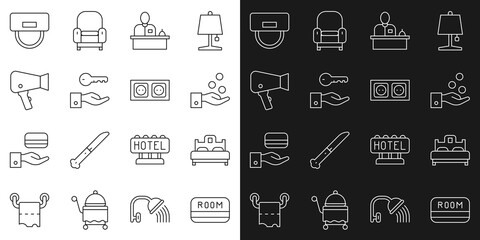 Set line Hotel key card, Bedroom, Paying tips, reception desk, door lock, Hair dryer, Bellboy hat and Electrical outlet icon. Vector