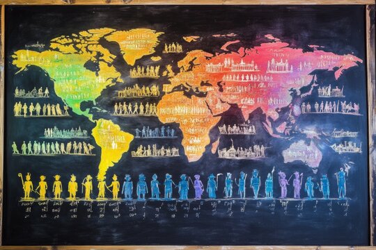 A vibrant chalkboard displays a detailed timeline of notable historical events with color-coded segments representing different regions