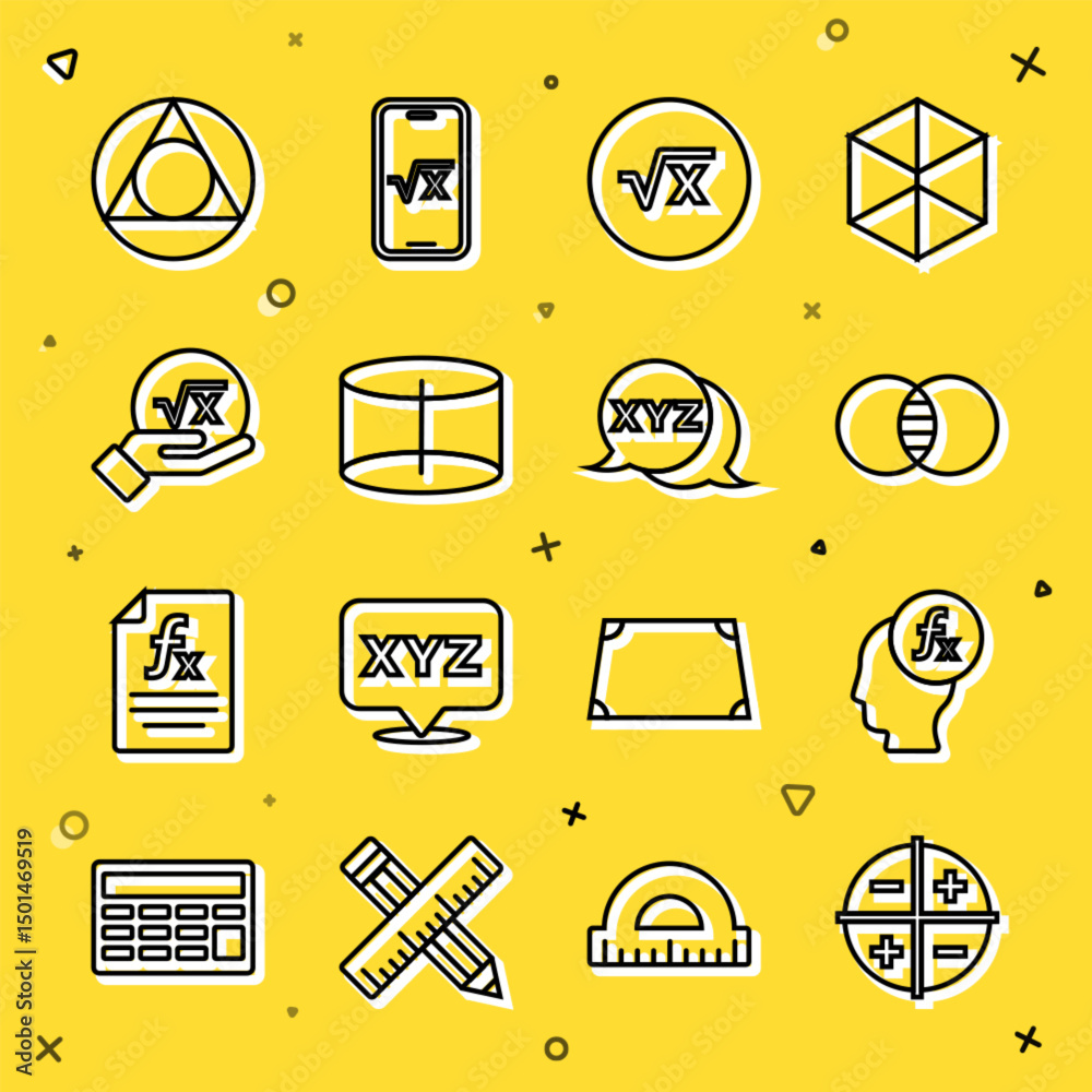 Poster set line xyz coordinate system, function mathematical symbol, mathematics sets a and b, square root 