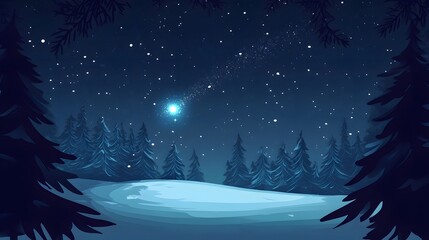 Naklejka premium Night sky with a radiant north star above snowy trees