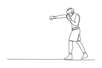 Single one line drawing young man boxer wearing protective head guard and boxing gloves practicing for fight. Concept of sport and healthy lifestyle. Continuous line design graphic vector illustration