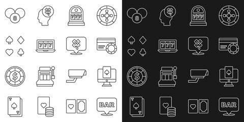 Set line Alcohol bar location, Online poker table game, Credit card, Slot machine with jackpot, slot, Deck of playing cards, Lottery ball bingo and Casino clover icon. Vector
