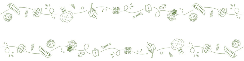 Banner with the ornament with vegetables, healthy food pattern with grocery plants. Web header, banner, decorative art. Vector illustration.