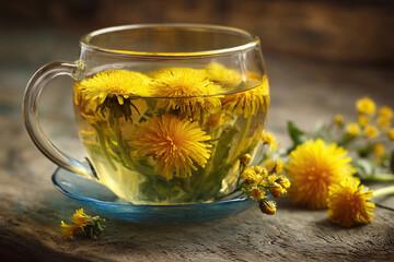 Herbal tea in a clear glass cup, filled with bright yellow dandelion flowers, on a wooden surface with scattered flowers.