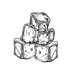 Melting ice cubes pile monochrome vector illustration painted by black inks. Crystal freezer brick graphic sketch for beverage branding, bar menus, science visuals, or abstract design projects