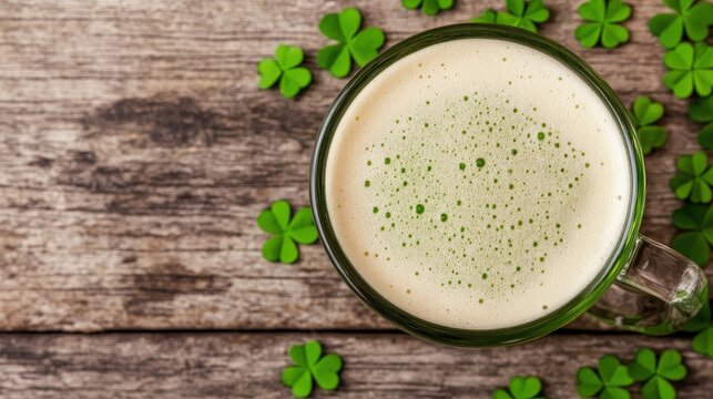 A foamy beer mug on rustic wood, surrounded by green shamrock cutouts, evoking a festive St. Patrick's Day atmosphere. - Powered by Adobe
