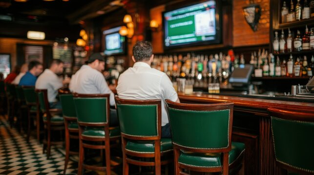 A group of people sit at a classic bar with green chairs, enjoying drinks while TV screens show sports above a well-stocked bar.