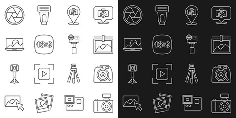 Set line Photo camera, frame, 16, retouching, Camera shutter and Action extreme icon. Vector