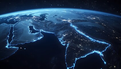 A map of the Middle East, highlighting Saudi Arabia and matching it with an animated blue border. The planet Earth is seen in close-up from space.