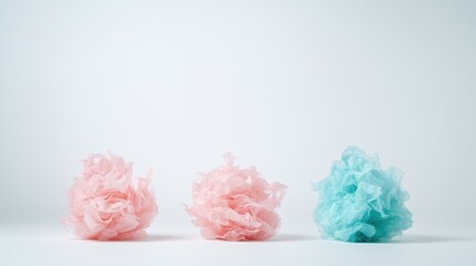 An artistic composition of crumpled tissue paper in pastel pink and blue tones creates a visually intriguing texture, conveying a sense of creativity and playful simplicity.