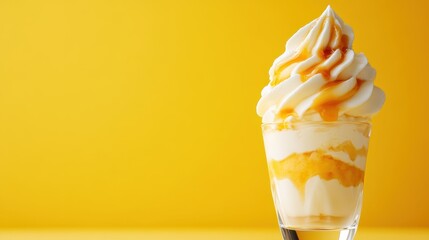 A delightful ice cream sundae topped with creamy caramel sauce presented in a clear glass, capturing a sense of indulgence and joy in every delicious scoop.