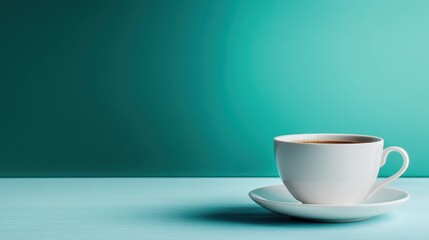 A pristine white cup of steaming coffee rests comfortably on a matching saucer, set against a calming teal background that evokes feelings of tranquility and focus.