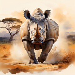 Fototapeta premium Starkes Nashorn in der Savanne – Aquarell Großtierportrait