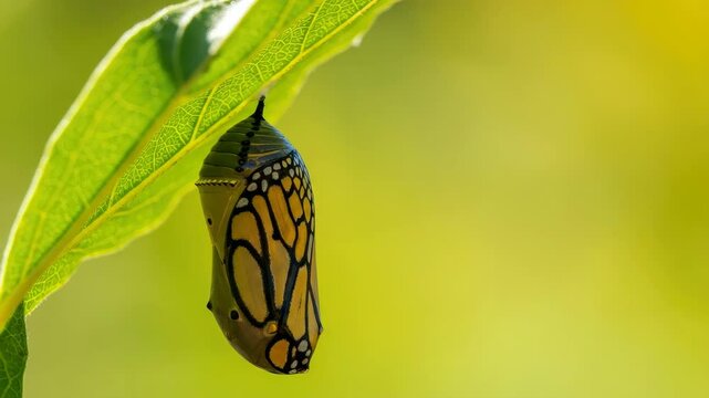 Monarch butterfly chrysalis hanging on leaf, metamorphosis concept