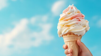 A hand holding a colorful ice cream cone against a bright blue sky, capturing the essence of summer indulgence, joy, and childhood memories associated with frozen treats.