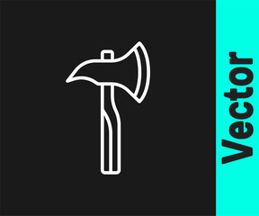 White line Firefighter axe icon isolated on black background. Fire axe. Vector