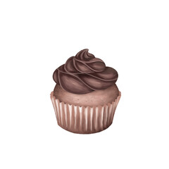 Delicious cupcake with chocolate icing isolated watercolor hand drawn illustration. Symbolize happiness, friendship, and celebration.