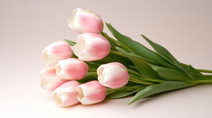 A stunning arrangement of delicate pink tulips with white tips, showcasing their beauty against a soft pastel background, perfect for conveying love and appreciation in any occasion.