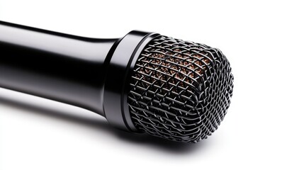 A sleek close-up shot of a black microphone head, showcasing its fine mesh detail, signifying communication, expression, and the power of voice in music and performance.