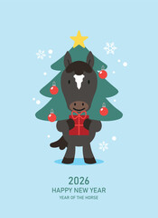 Cute zodiac horse with winter decorations background. Happy lunar new year 2026, or chinese new year of the horse greeting vector card. 