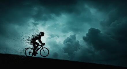 Naklejka premium Cyclist silhouette disintegrating against ominous skies of swirling heavy clouds