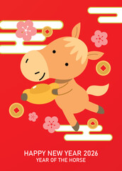 Cute zodiac horse holding a gold sycee ingot with lucky coins background. Chinese new year of the horse 2026 vector greeting card.