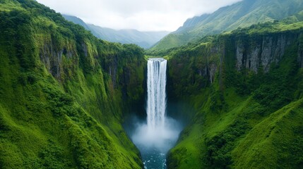 Fototapeta premium A tall, majestic waterfall cascades into a lush, green valley surrounded by steep, forested cliffs and misty mountains.