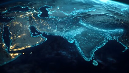 A map of the Middle East, highlighting Saudi Arabia and matching it with an animated blue border. The planet Earth is seen in close-up from space.