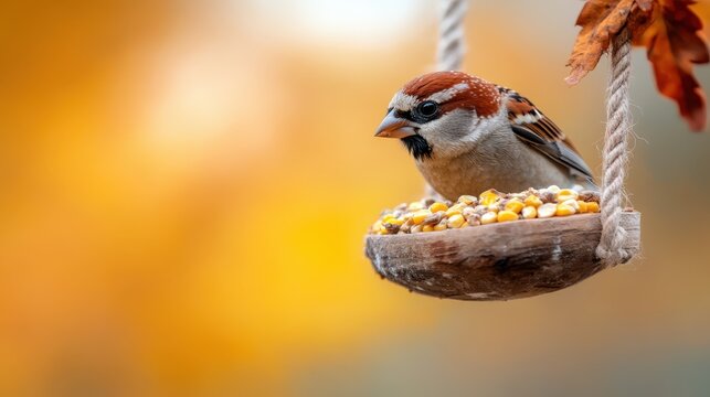 A charming sparrow perched on a rustic wooden feeder, indulging in seeds among a vibrant autumn backdrop, capturing the essence of nature's beauty and seasonal joy.