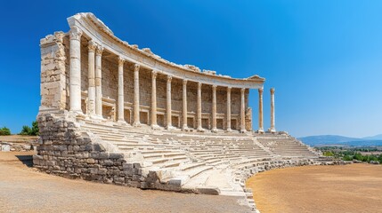Ancient Roman amphitheater with stone columns and steps under a clear blue sky, surrounded by a dry landscape.