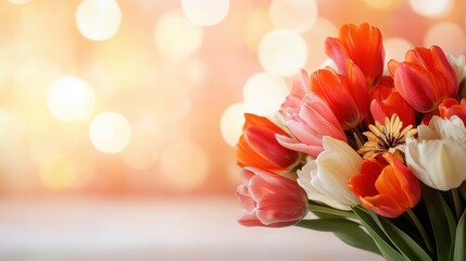 A beautiful bouquet of vibrant tulips with a soft-focus background that creates a romantic and dreamy atmosphere, capturing the essence of spring and renewal through colors.
