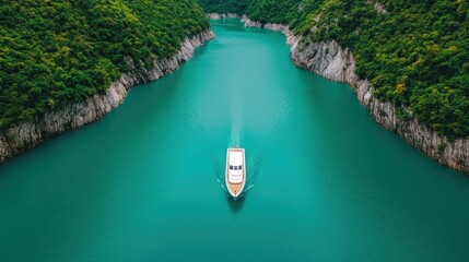 Fototapeta premium A white boat sails through a turquoise river flanked by lush green cliffs, creating a serene and scenic travel scene.