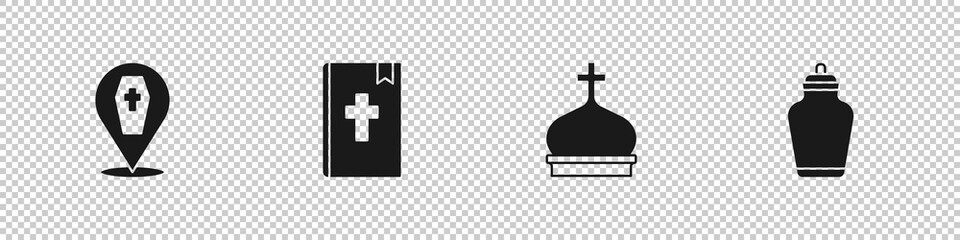 Obraz premium Set Coffin with cross, Holy bible book, Church tower and Funeral urn icon. Vector