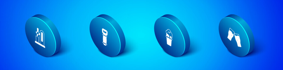Set Isometric Beer tap with glass, Glass of beer, and Bottle opener icon. Vector